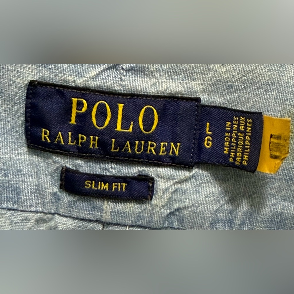 Polo Ralph Lauren Slim Fit Short Sleeve Chambray Button Down Shirt Large Blue - Picture 3 of 6